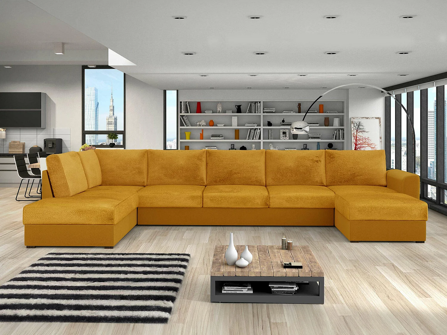 Canapé d'angle Comfivo 191, Jaune, Fonction de couchage, Boîte de literie, 370x186x85cm