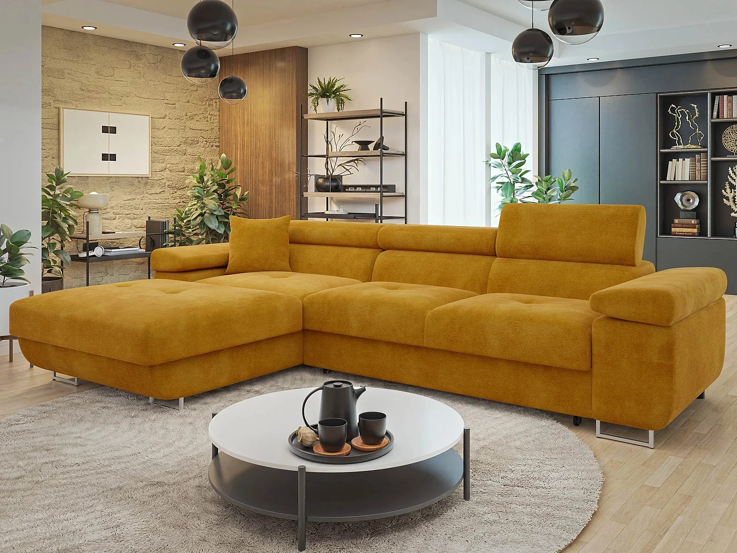 Sofá rinconero Comfivo Vinetum II, Amarillo, Función de descanso, Almacenaje, 280x170cm