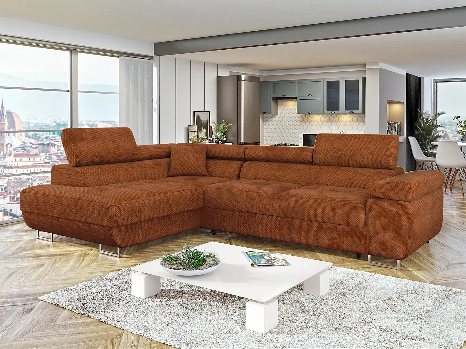 Canapé d'angle convertible 3 places en tissu rouge 274x203x70 cm