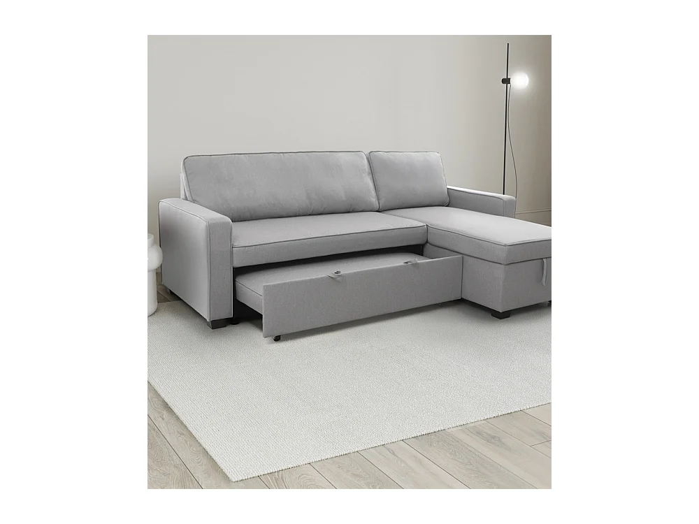Sofá cama chaise longue de 3 plazas de 215x83x142 cm de tela en color gris con arcón Maxi