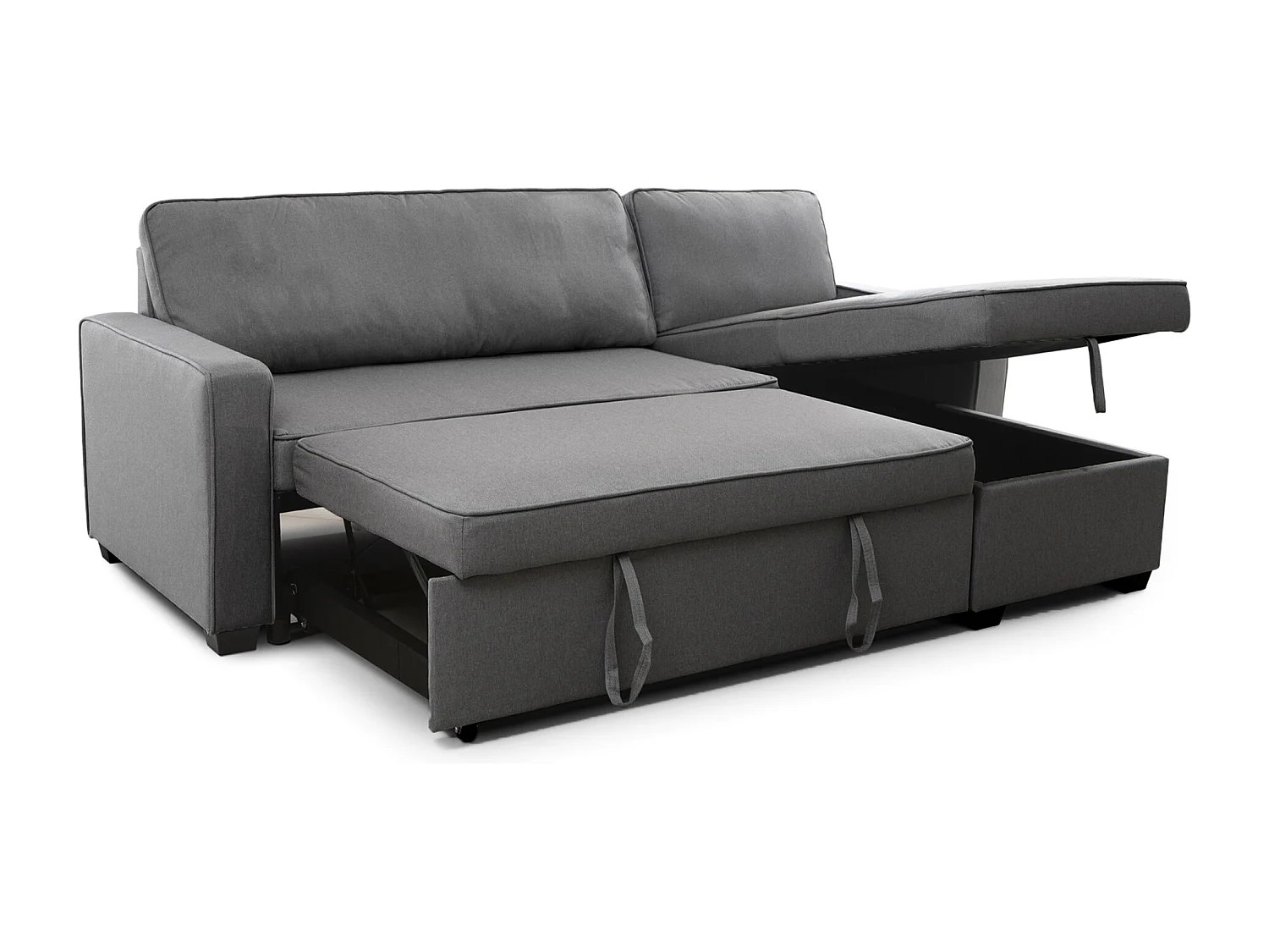Sofá cama chaise longue de 3 plazas de 215x83x142 cm de tela en color gris con arcón Maxi