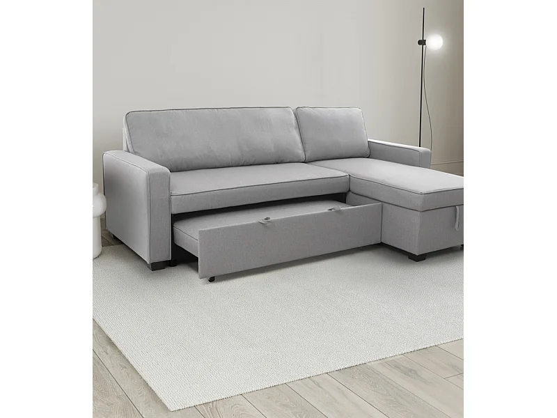 Sofá cama chaise longue de 3 plazas de 215x83x142 cm de tela en color gris con arcón Maxi