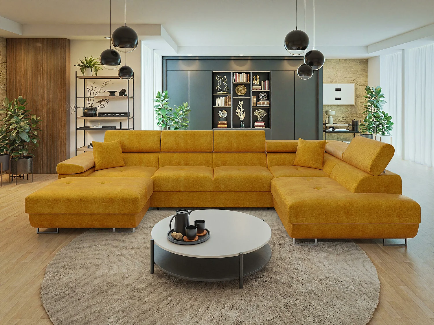 Canapé d'angle Comfivo Eliferu 103, Jaune, Fonction de couchage, Boîte de literie, 346cm