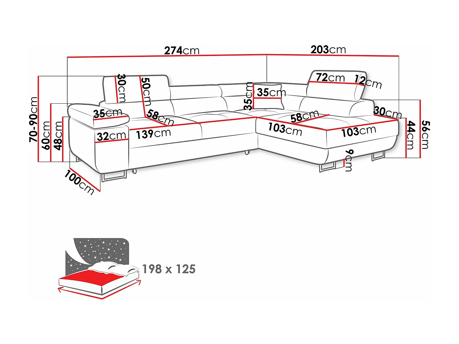 Sofá rinconero Comfivo Vinetum, Blanco, Función de descanso, Almacenaje, 274x203x70cm