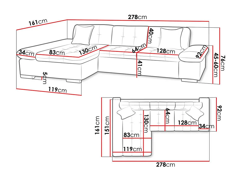 Sofá rinconero Comfivo 219, Marrón, 278x161x76cm