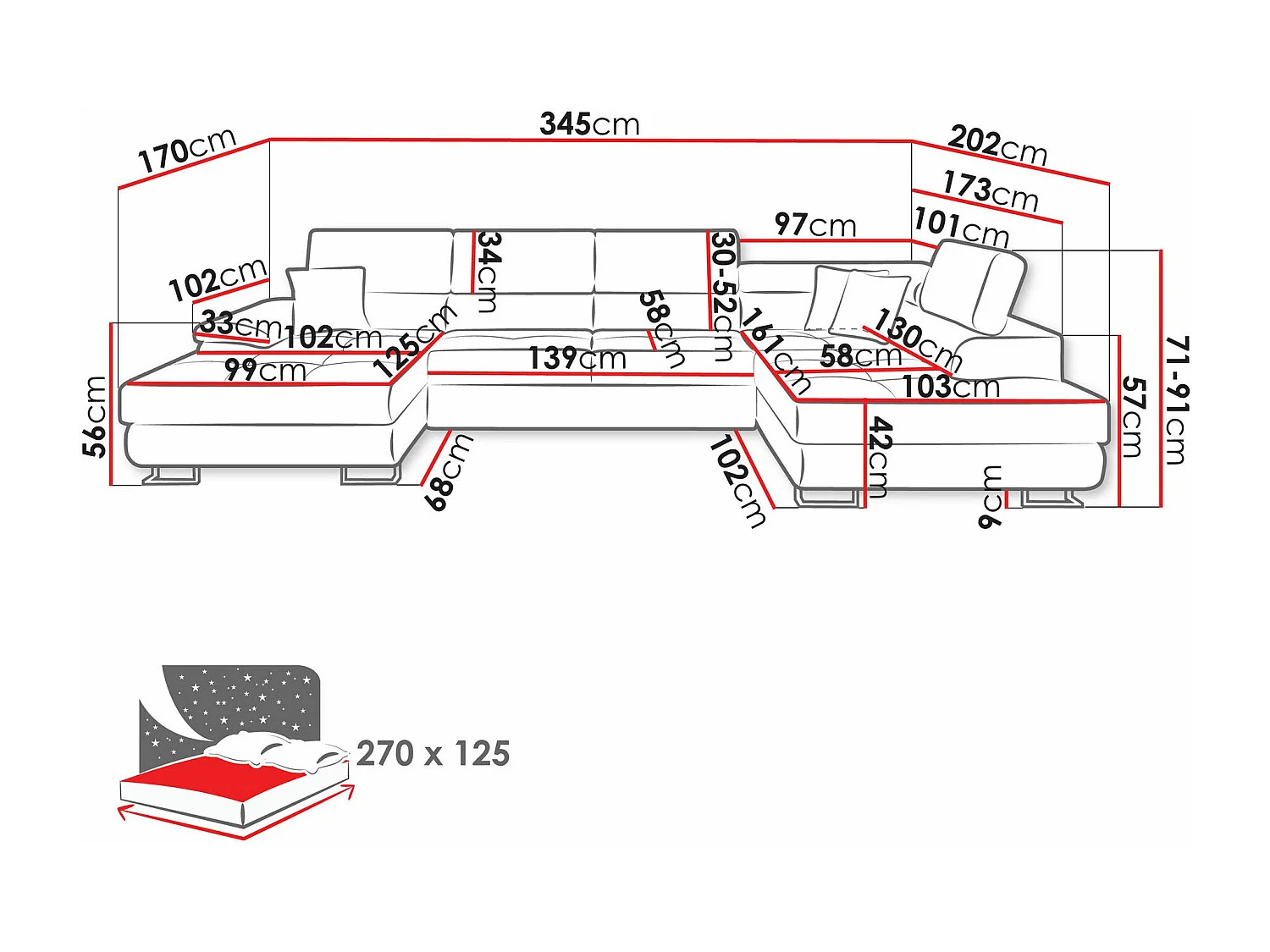 Sofá rinconero Comfivo 190, Gris, Función de descanso, Almacenaje, 345x202x71cm