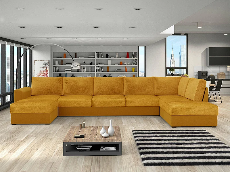 Sofá rinconero Comfivo 191, Amarillo, Función de descanso, Almacenaje, 370x186x85cm