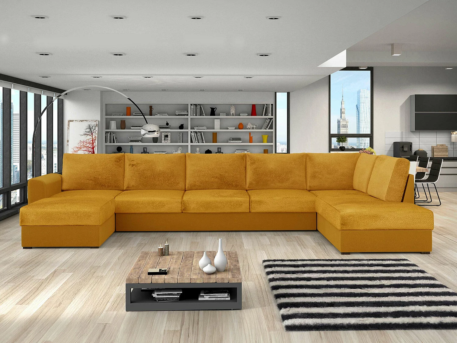 Sofá rinconero Comfivo 191, Amarillo, Función de descanso, Almacenaje, 370x186x85cm