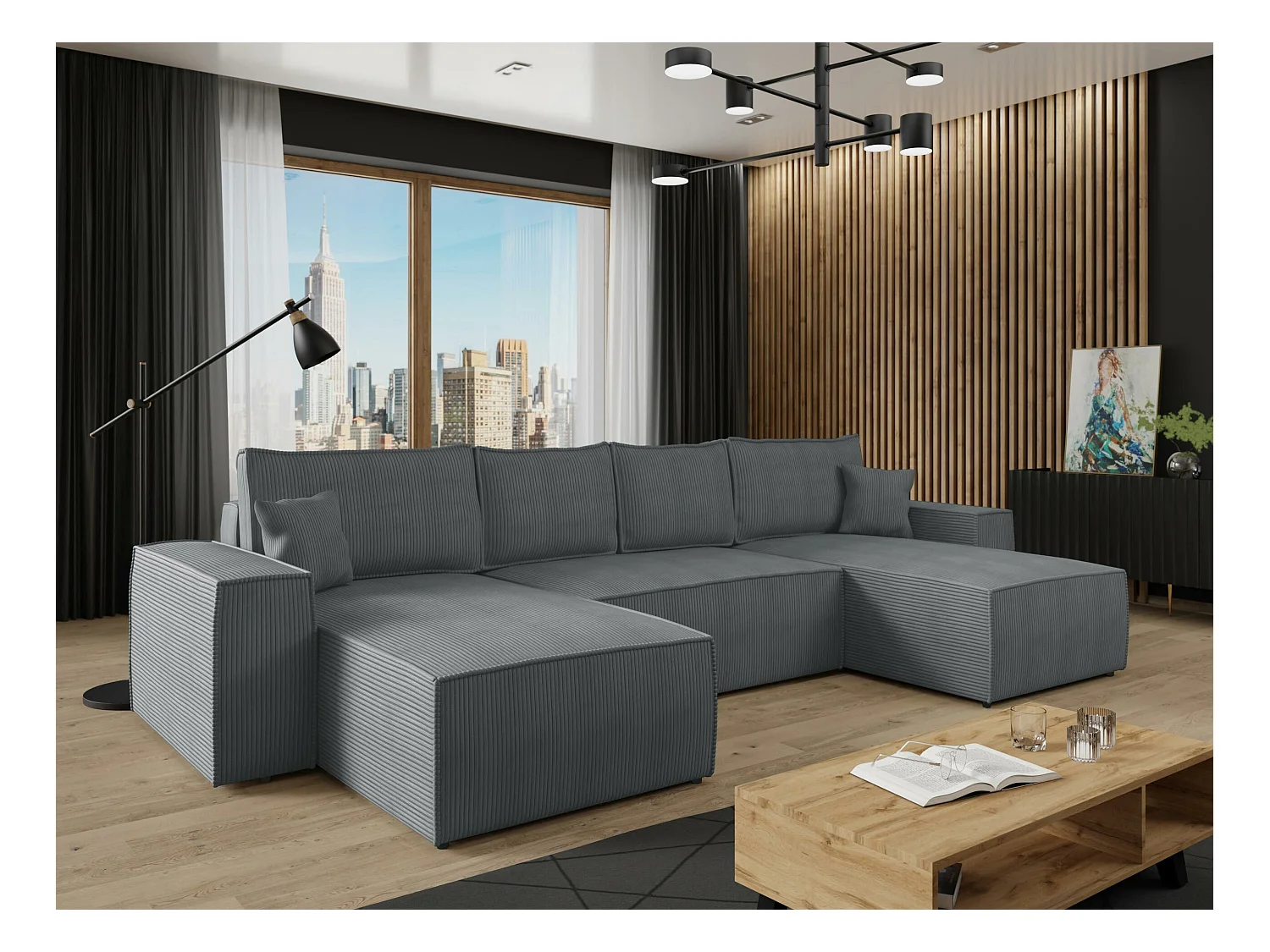 Divano angolare Clovis 109, Grigio, Con, 370x174x94cm