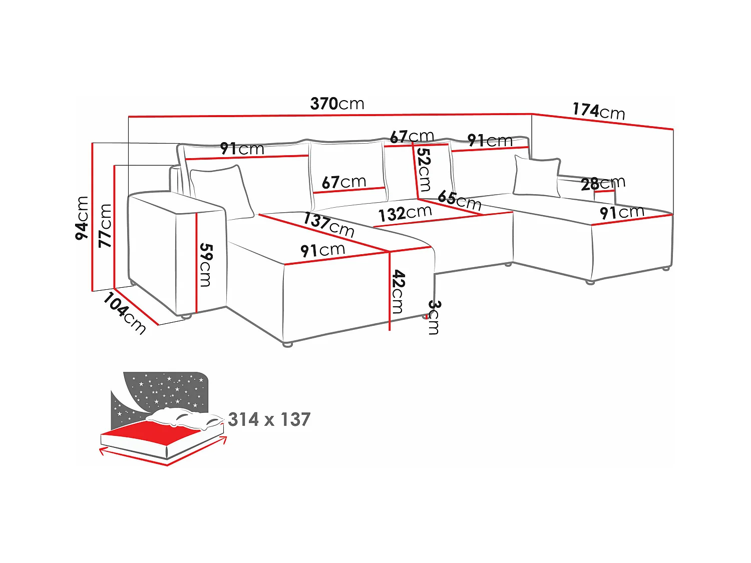 Canapé d'angle Clovis 109, Gris, Fonction de couchage, Boîte de literie, 370x174x94cm