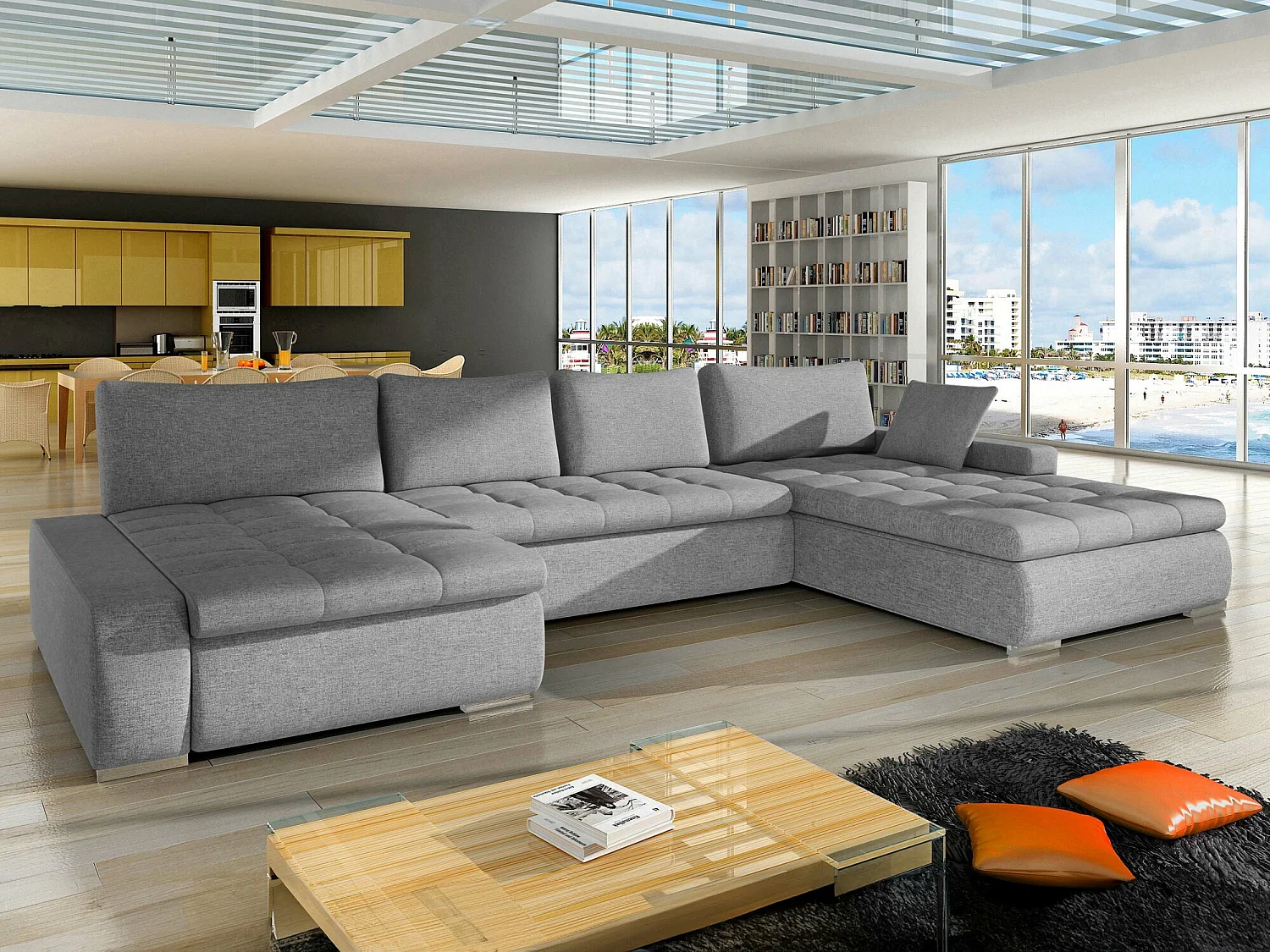 Sofá rinconero Comfivo 106, Gris, Función de descanso, Almacenaje, 394x213x80cm