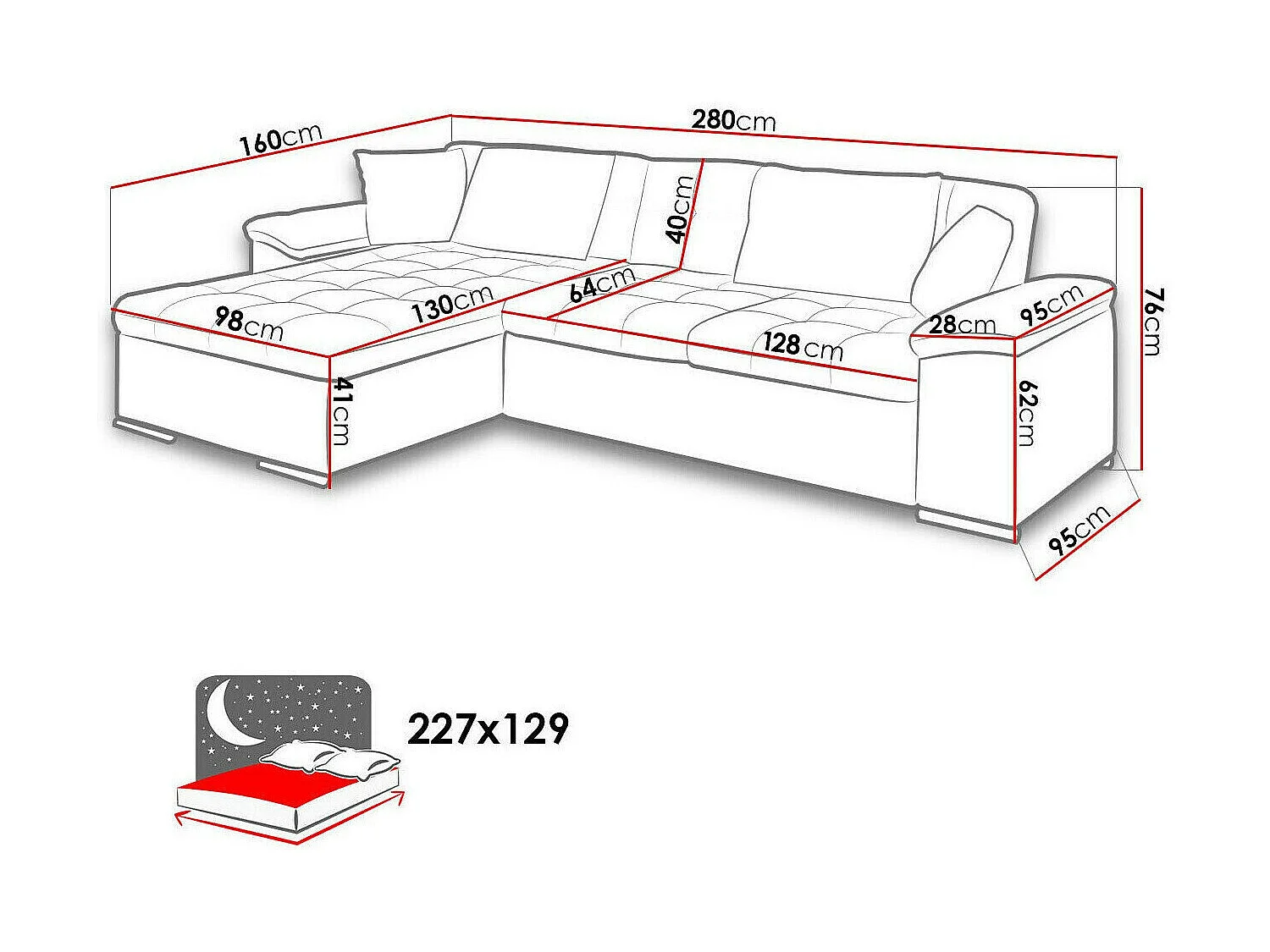 Sofá rinconero Comfivo 107, Gris, Función de descanso, Almacenaje, 280x160x76cm