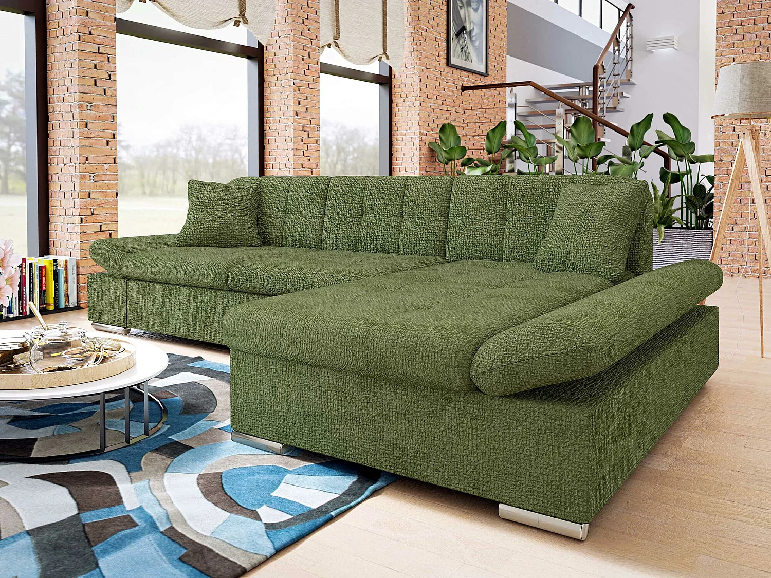 Sofá rinconero Comfivo 250, Verde, Función de descanso, Almacenaje, 278x161x76cm