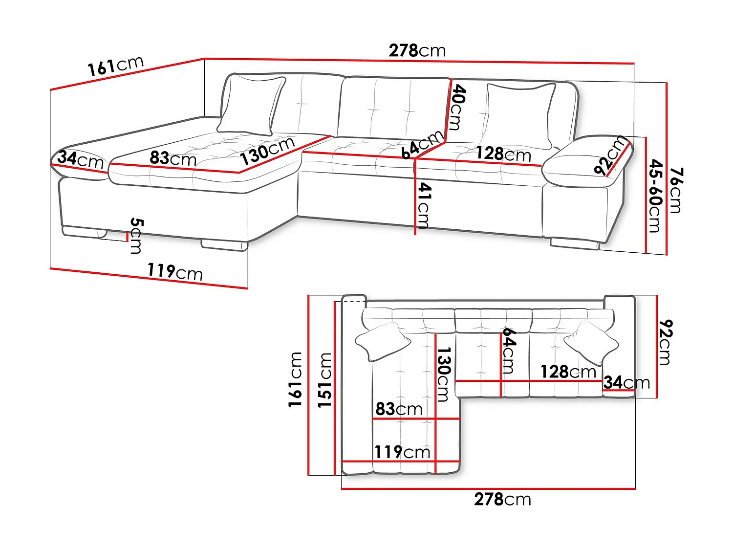 Sofá rinconero Comfivo 219, Gris, 278x161x76cm