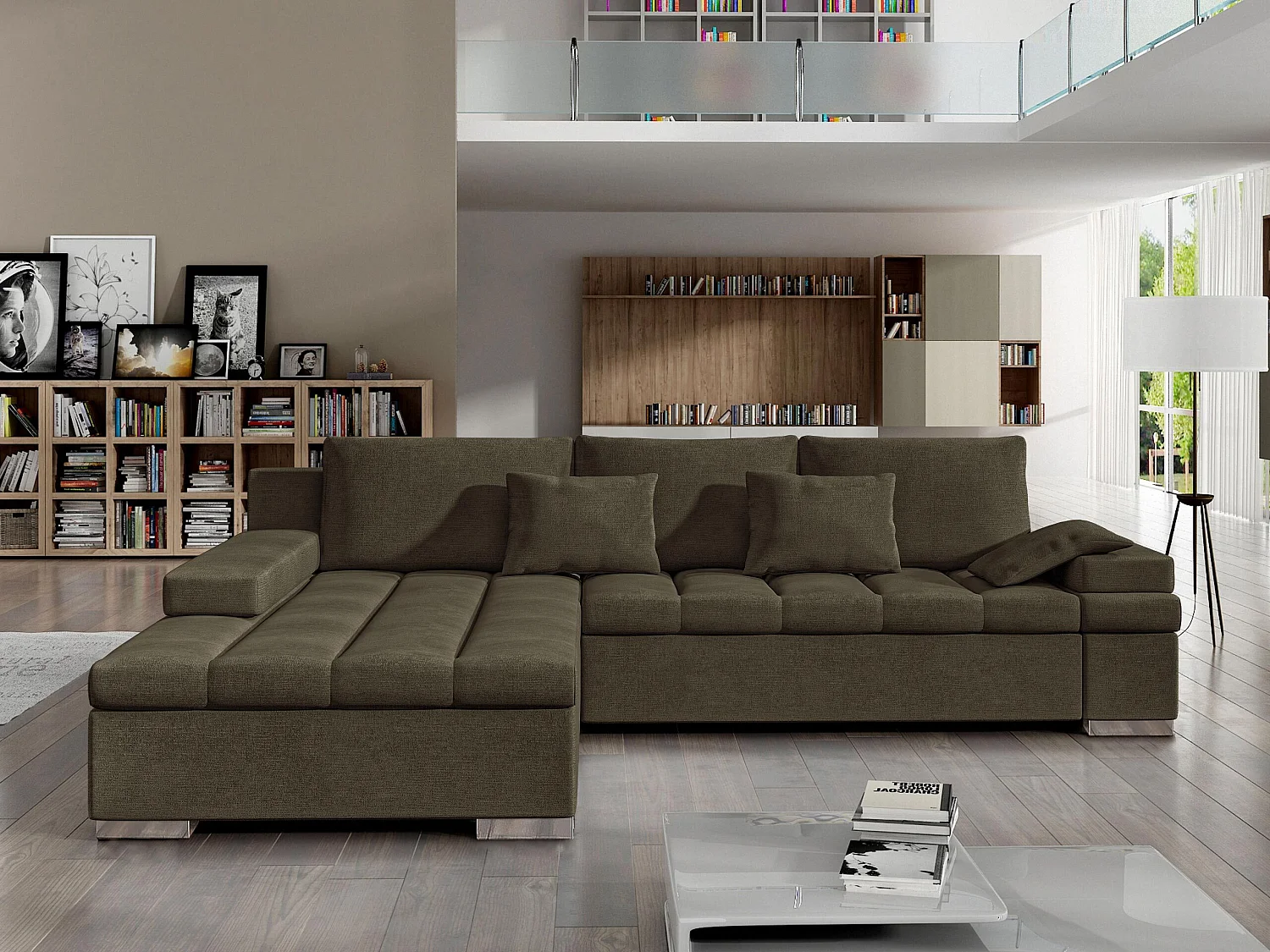 Sofá rinconero Comfivo Olivetum II, Marrón, Función de descanso, Almacenaje, 310x175x83cm