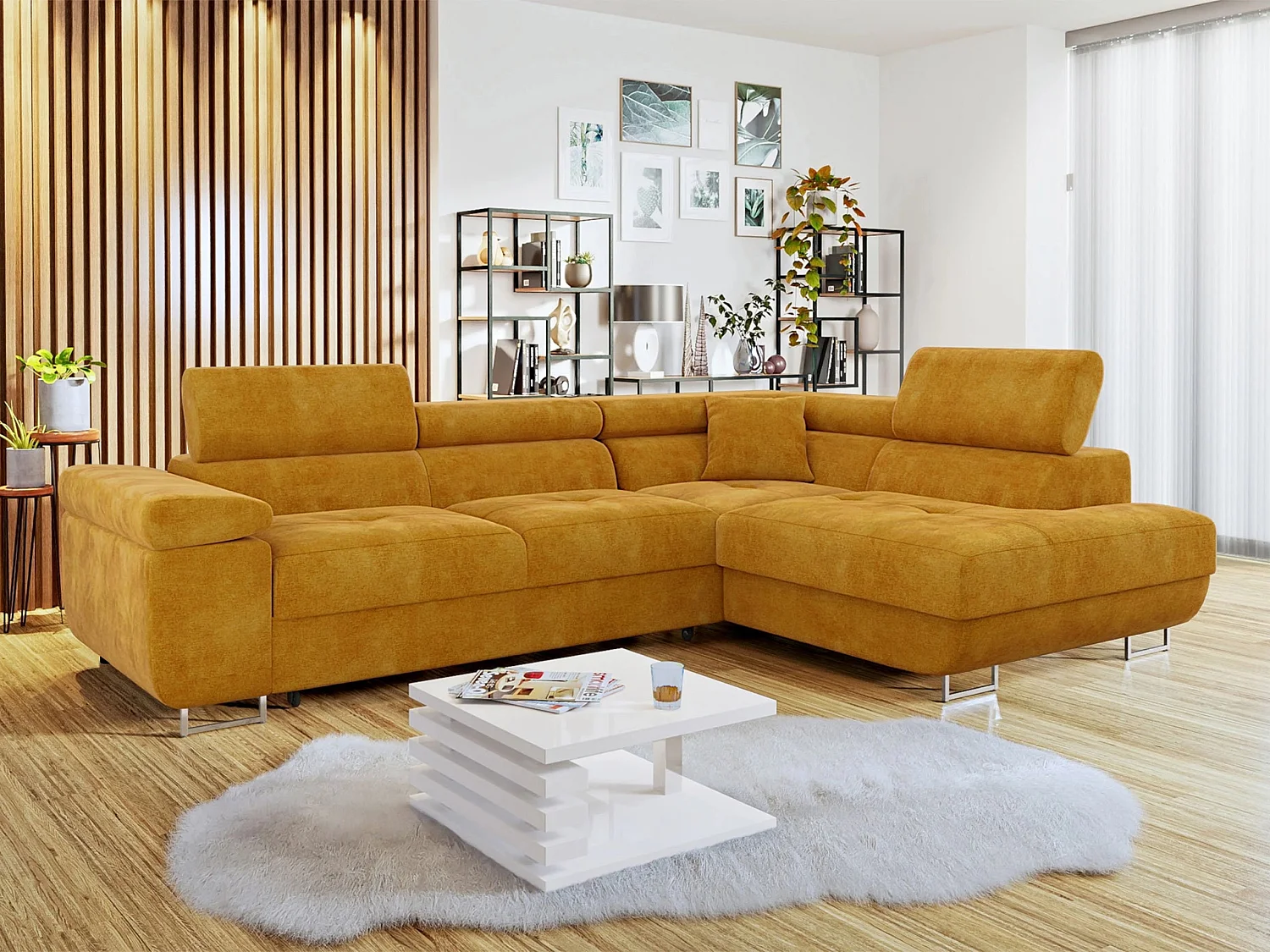 Sofá rinconero Comfivo Vinetum, Amarillo, Función de descanso, Almacenaje, 274x203x70cm