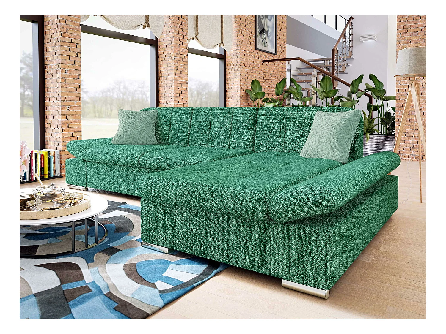 Canapé d'angle Comfivo 250, Vert, Fonction de couchage, Boîte de literie, 278x161x76cm
