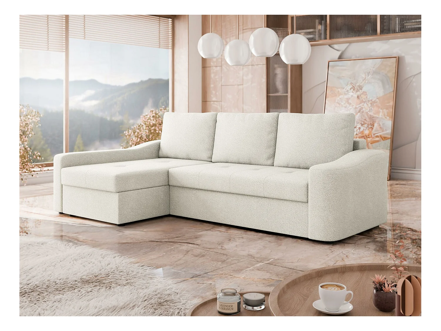 Canapé d'angle Rome 107, Blanc, Fonction de couchage, Boîte de literie, 253x148x88cm