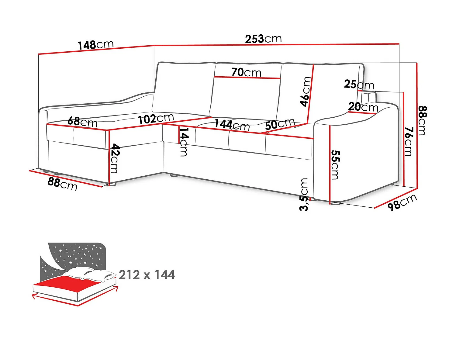 Sofá rinconero Rome 107, Blanco, Función de descanso, Almacenaje, 253x148x88cm