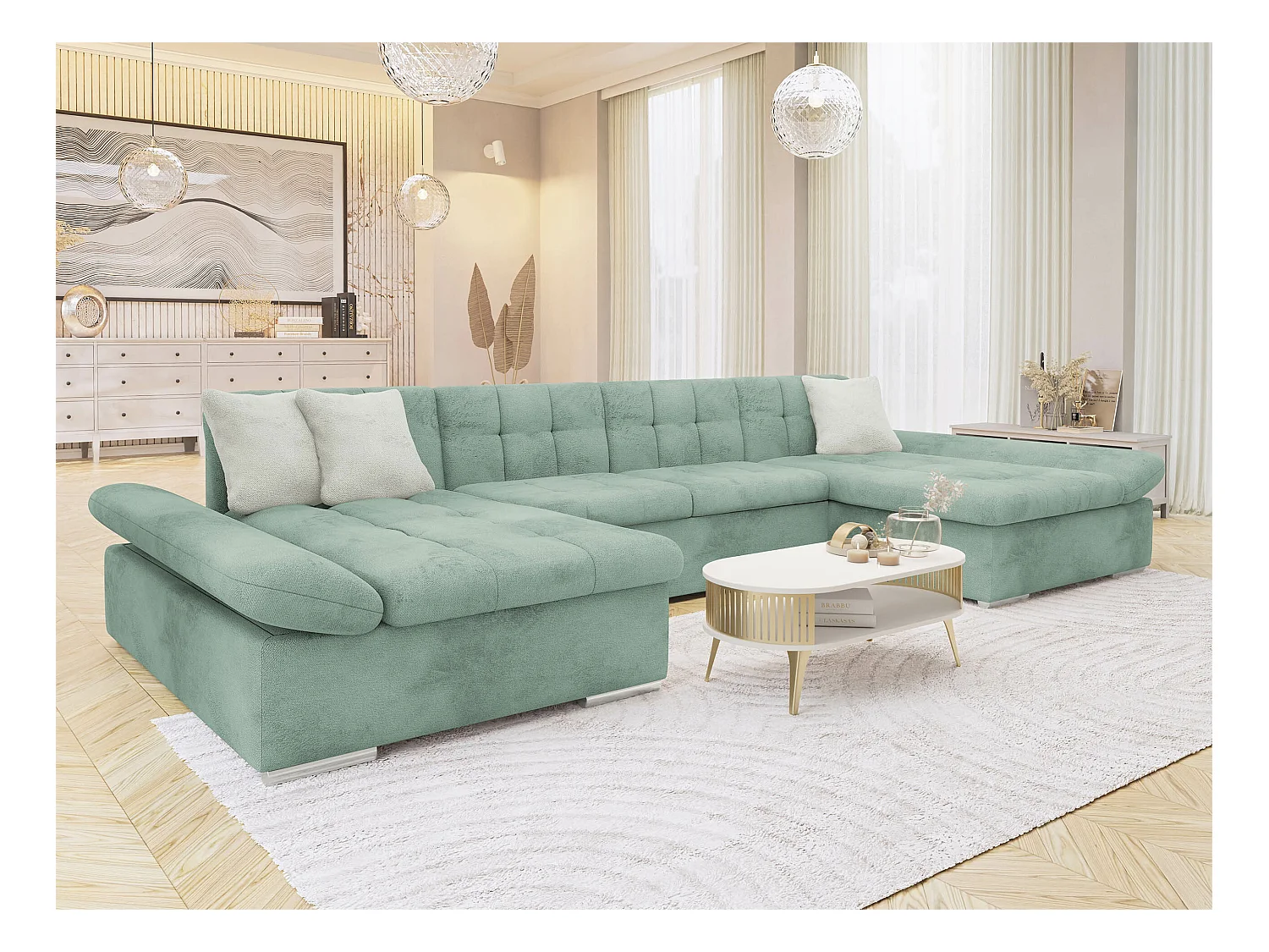 Canapé d'angle Comfivo 240, Turquoise, Fonction de couchage, Boîte de literie, 360x160cm