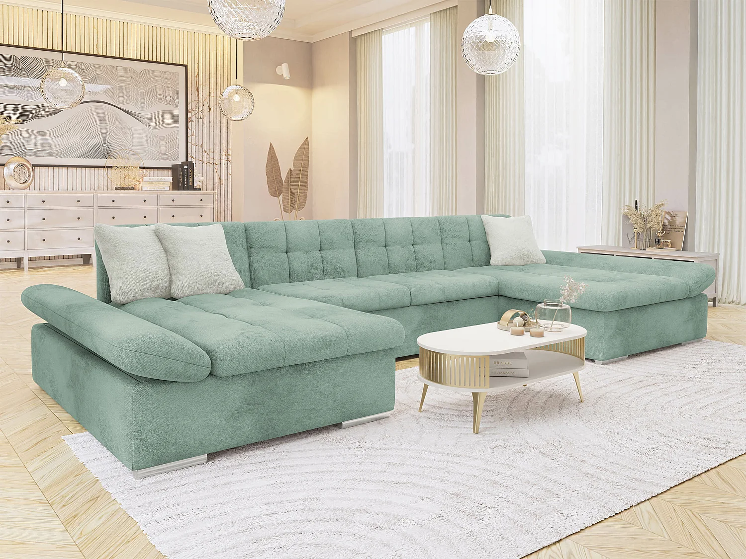 Sofá rinconero Comfivo 240, Turquesa, Función de descanso, Almacenaje, 360x160x75cm