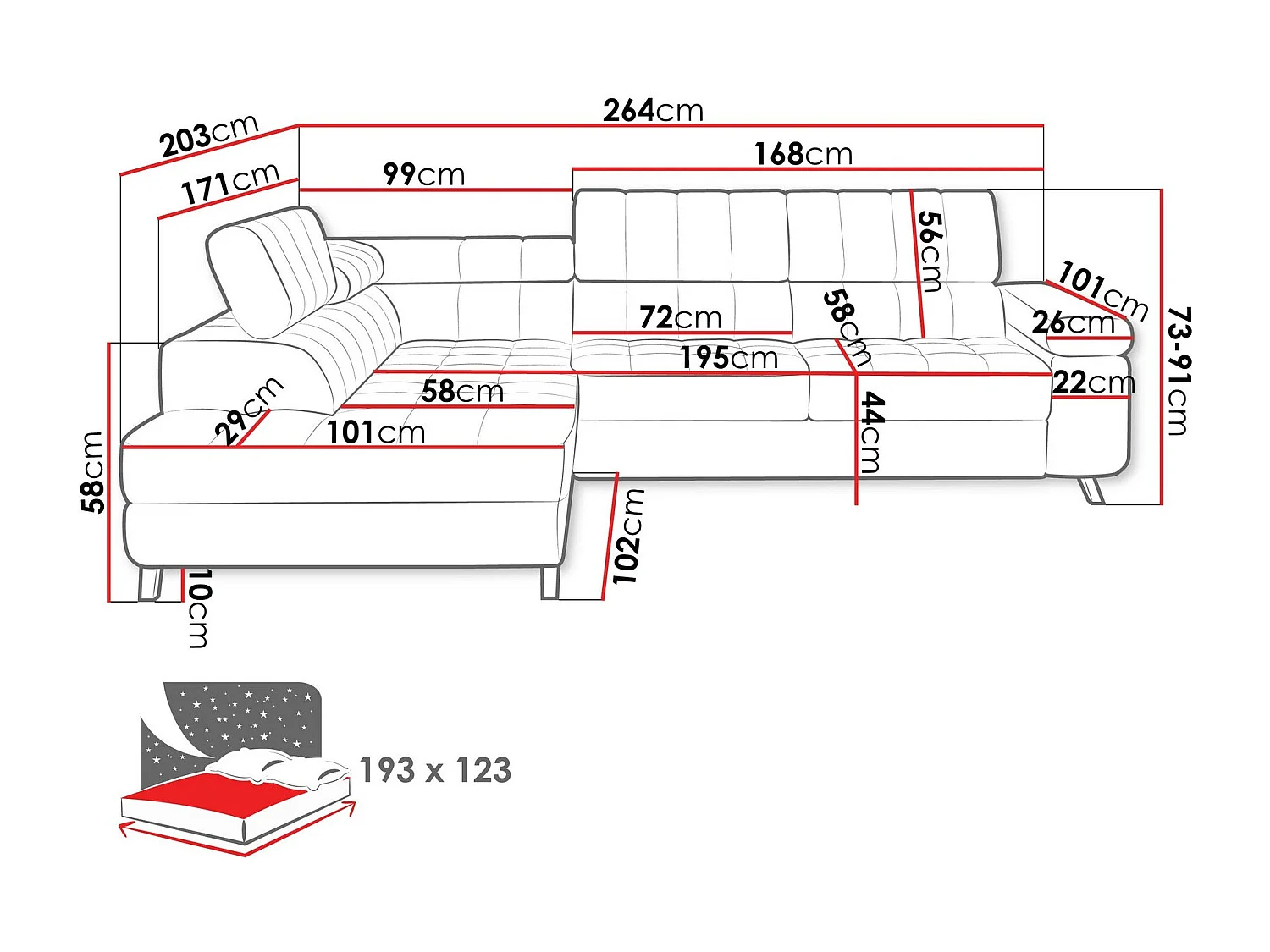 Sofá rinconero Comfivo 207, Gris, Función de descanso, Almacenaje, 264x203x73cm