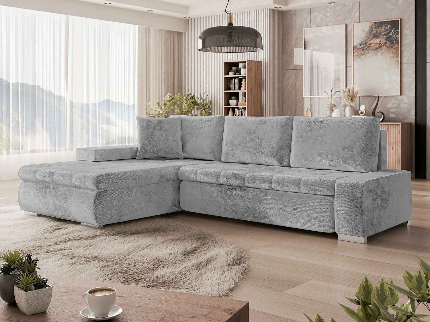 Sofá rinconero Comfivo 171, Gris, Función de descanso, Almacenaje, 265x185x85cm