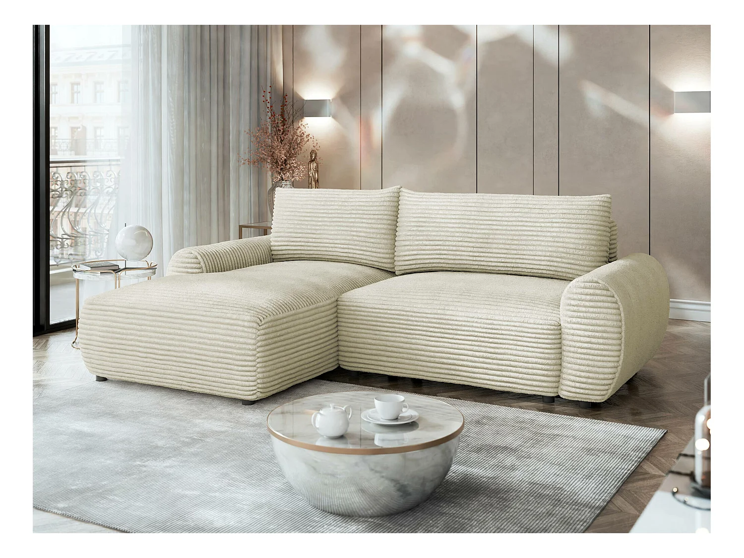 Sofá rinconero TrendyNest 103, De color marrón claro, Función de descanso, Almacenaje,