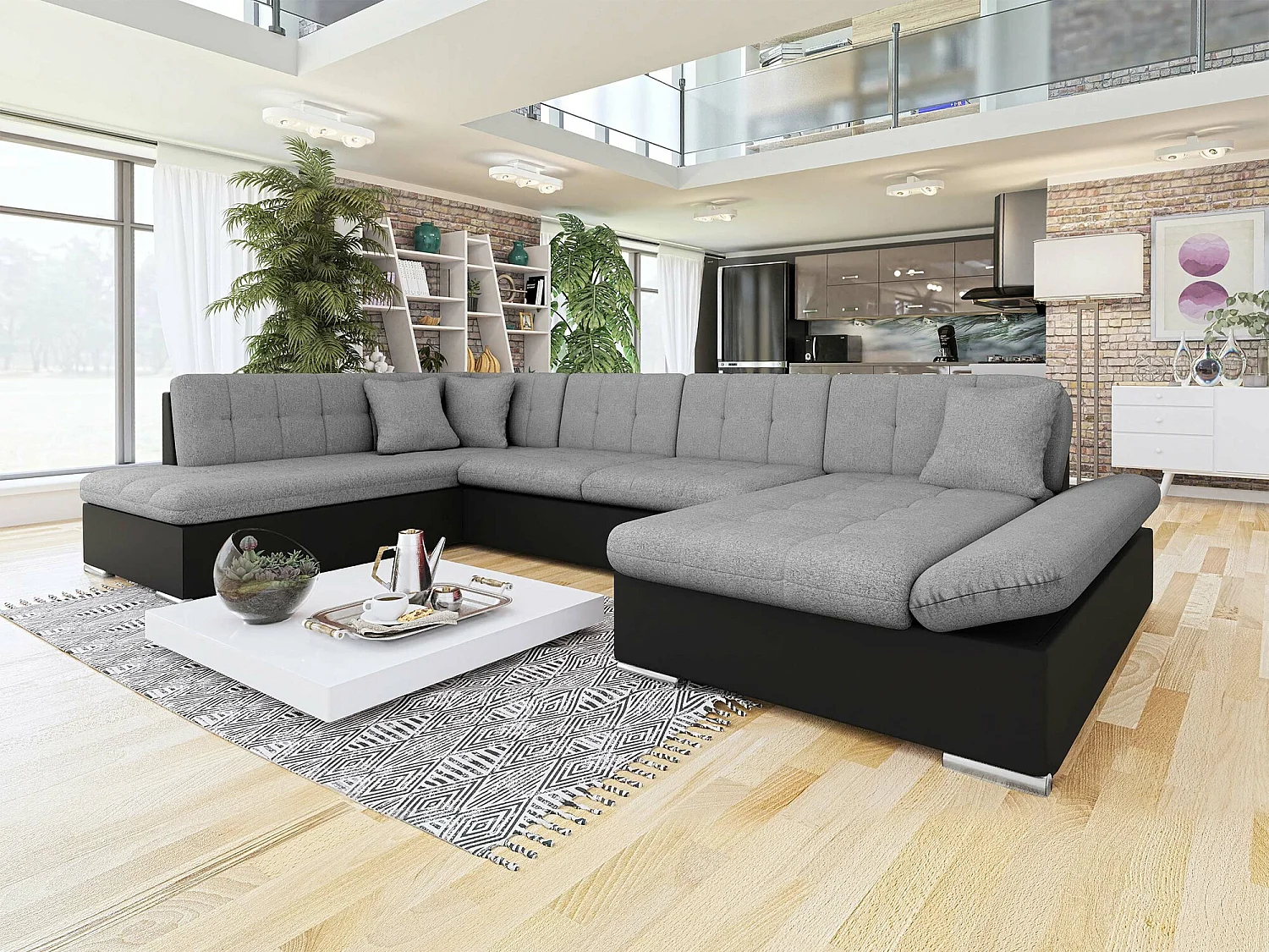 Sofá rinconero Comfivo 150, Gris, Función de descanso, Almacenaje, 345x205x76cm