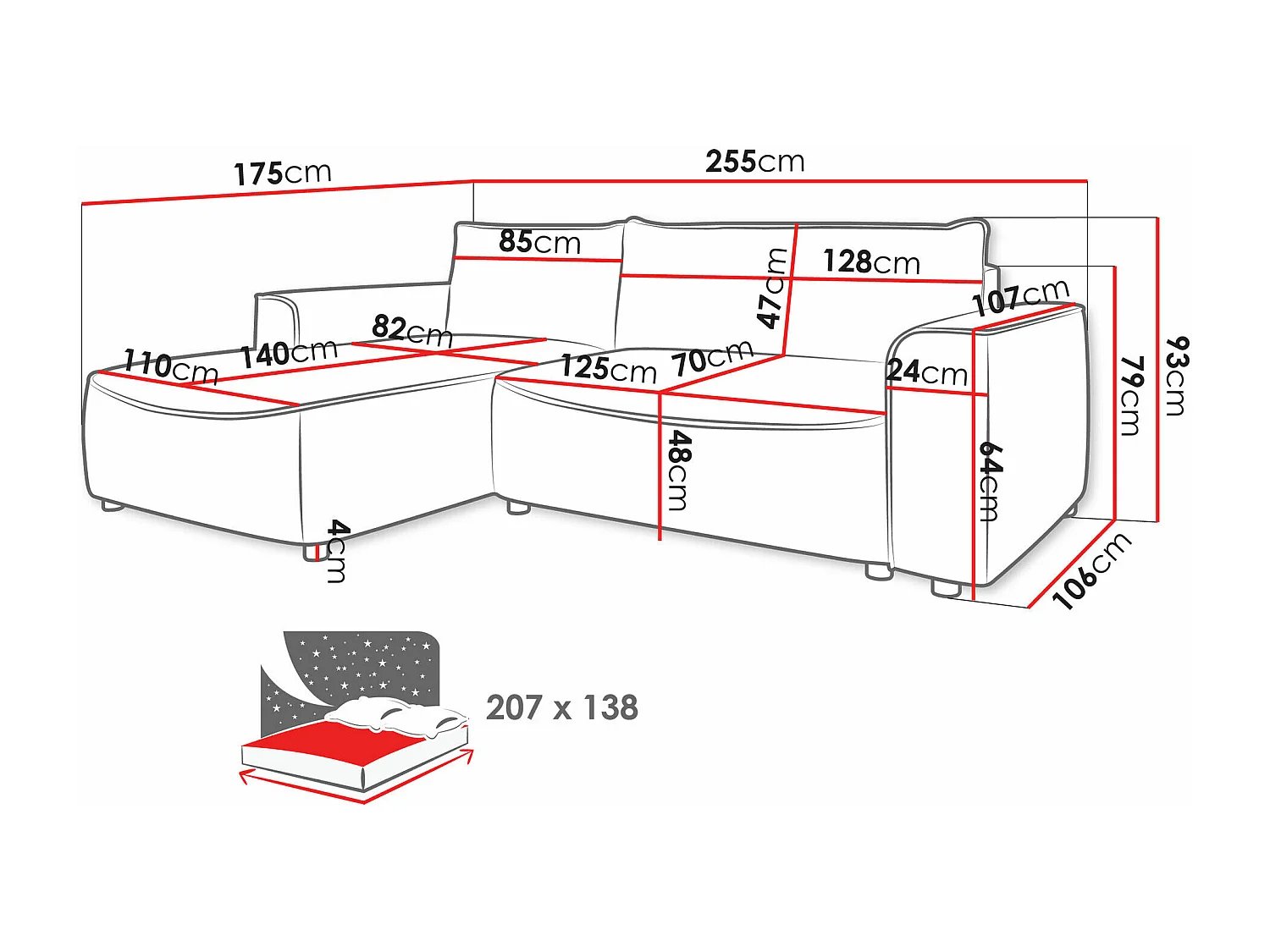 Canapé d'angle TrendyNest 105, Brun clair, Fonction de couchage, Boîte de literie, 255cm