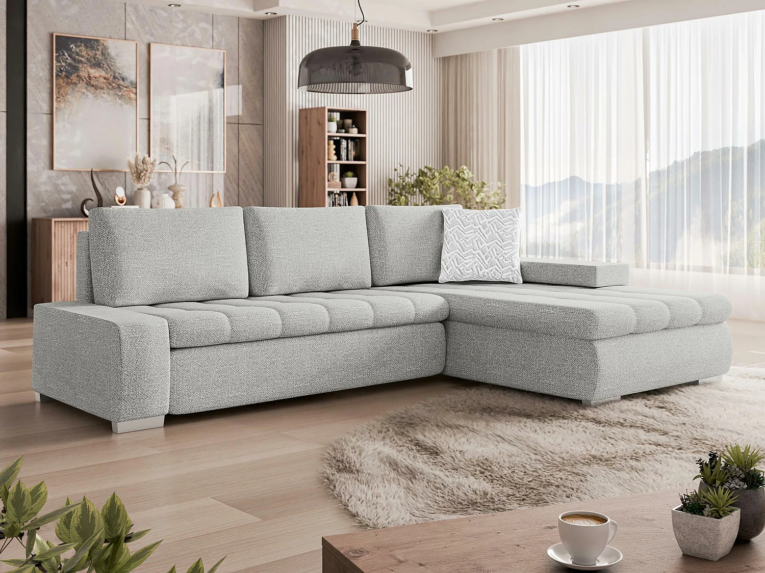 Sofá rinconero Comfivo 171, Gris, Función de descanso, Almacenaje, 265x185x85cm