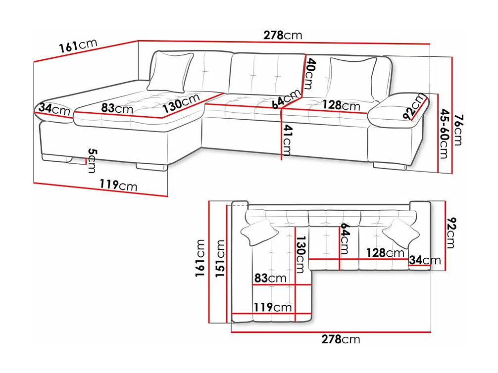 Sofá rinconero Comfivo 219, De color marrón claro, 278x161x76cm
