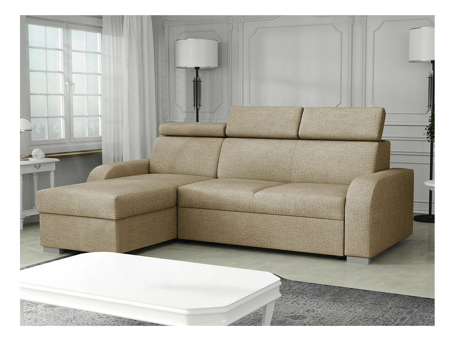 Canapé d'angle Etrcala 100, Brun clair, Fonction de couchage, Boîte de literie, 235x170cm