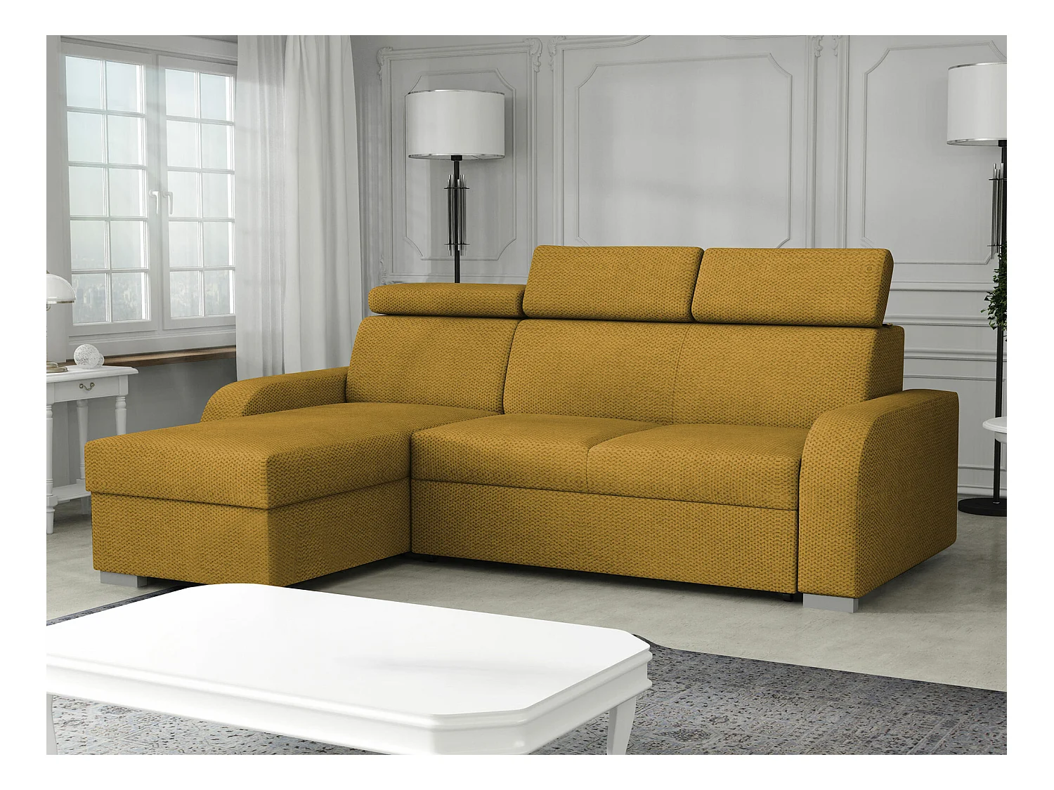 Canapé d'angle Etrcala 100, Jaune, Fonction de couchage, Boîte de literie, 235x170x85cm