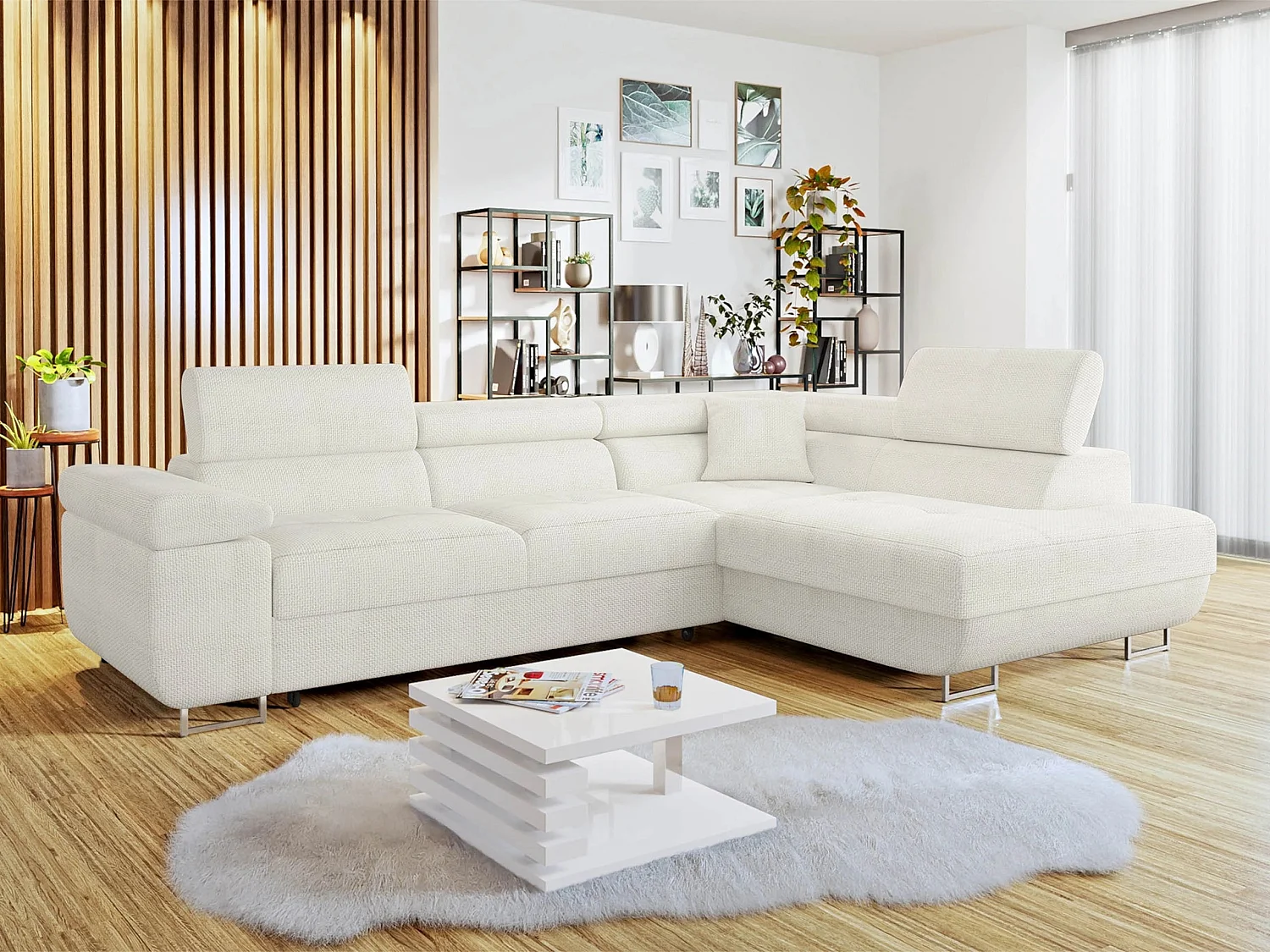 Sofá rinconero Comfivo Vinetum, Blanco, Función de descanso, Almacenaje, 274x203x70cm