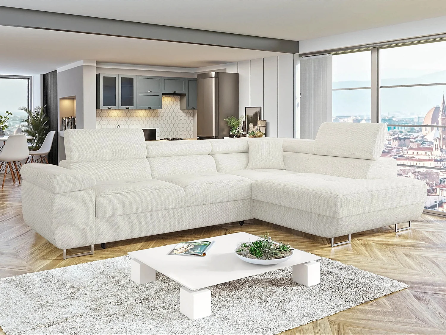 Sofá rinconero Comfivo Vinetum, Blanco, Función de descanso, Almacenaje, 274x203x70cm