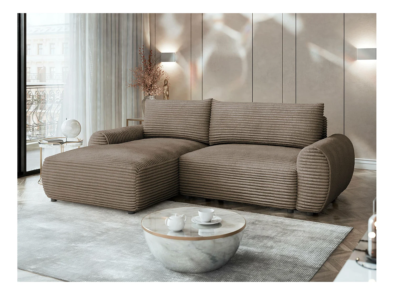 Sofá rinconero TrendyNest 103, De color marrón claro, Función de descanso, Almacenaje,
