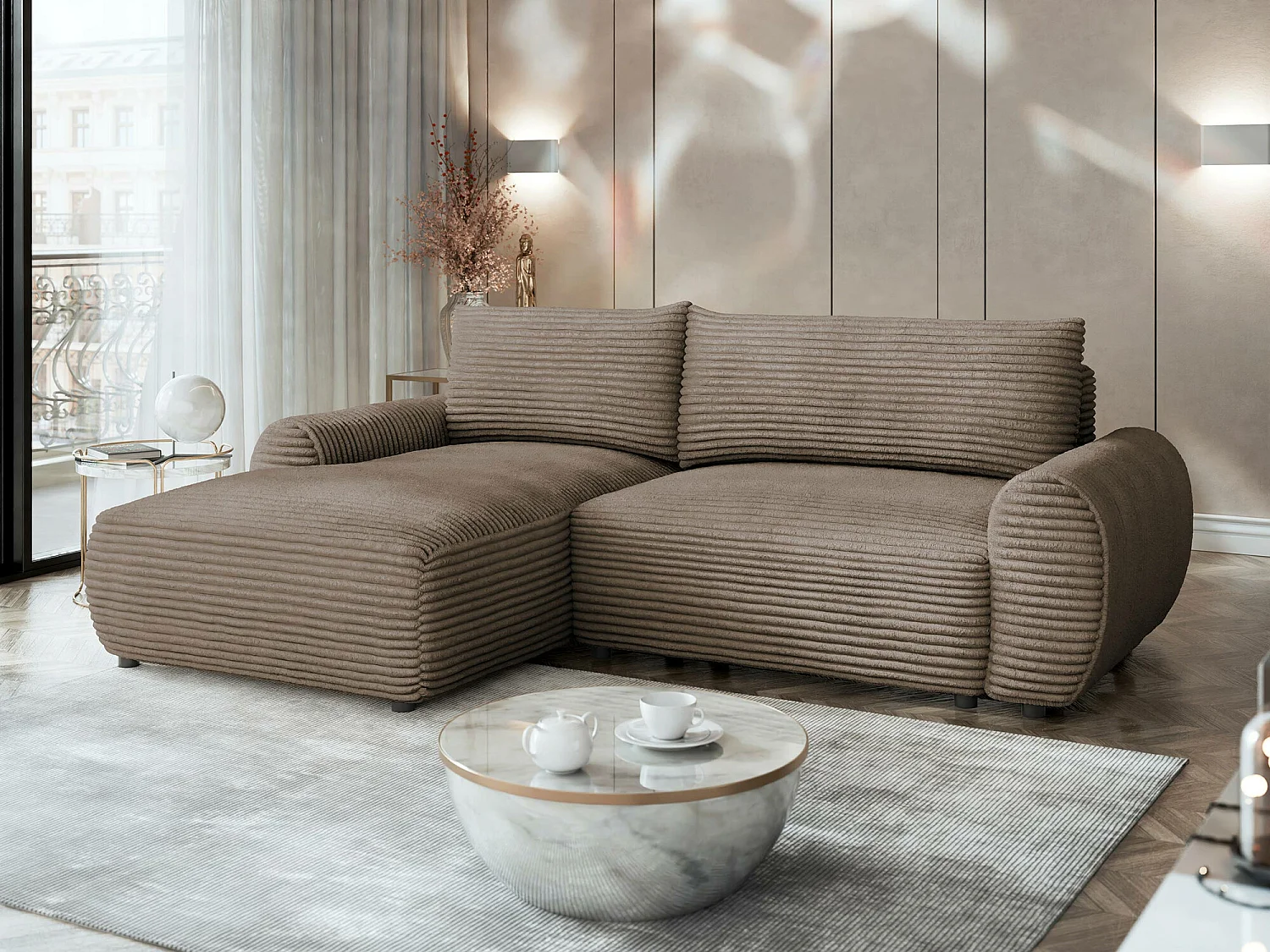 Canapé d'angle TrendyNest Strigina, Brun clair, Disponible, 267x177x93cm