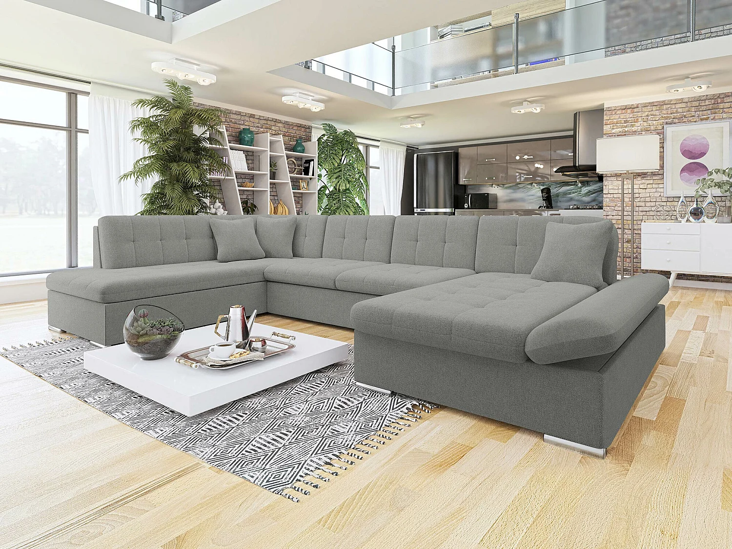 Sofá rinconero Comfivo 150, Gris, Función de descanso, Almacenaje, 345x205x76cm