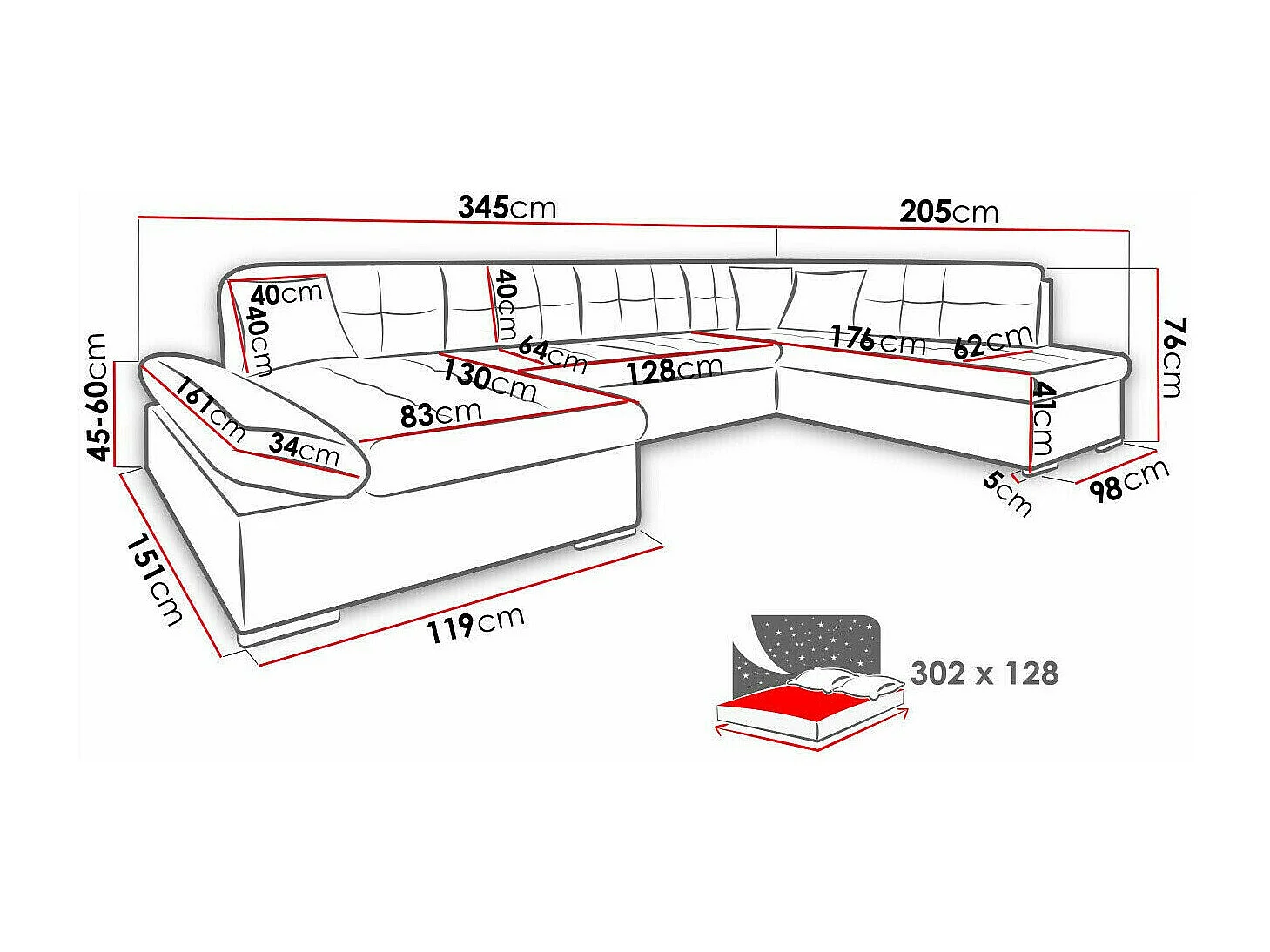 Sofá rinconero Comfivo 150, Gris, Función de descanso, Almacenaje, 345x205x76cm