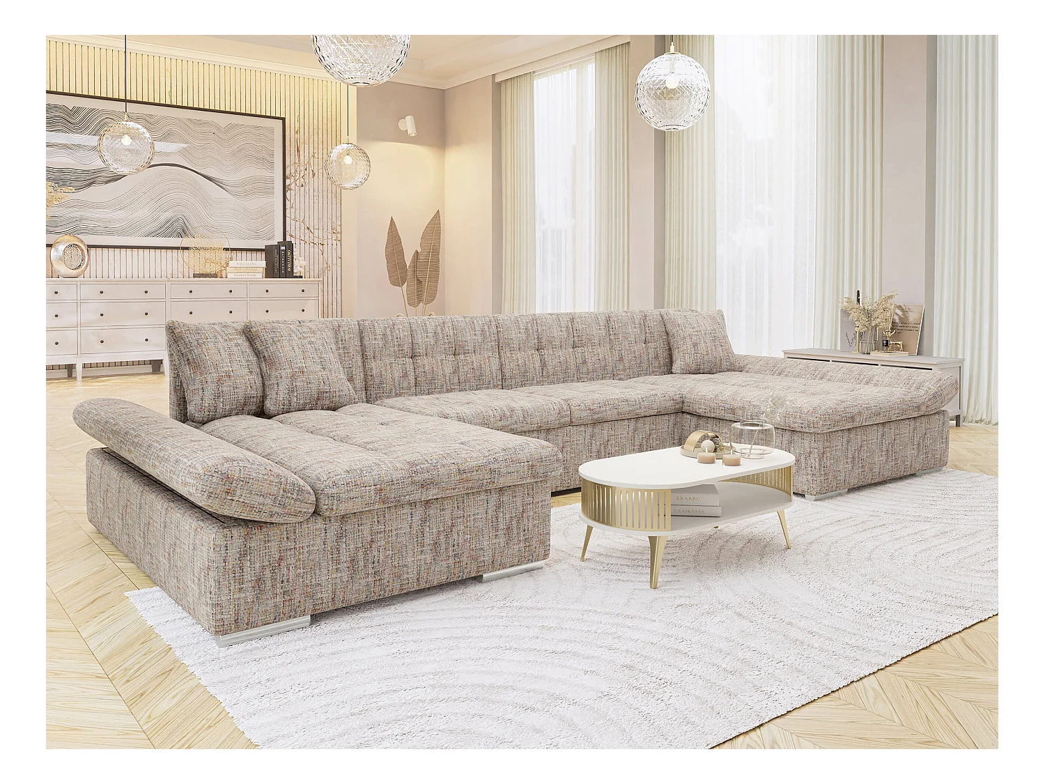 Canapé d'angle Comfivo 240, Brun clair, Fonction de couchage, Boîte de literie, 360x160cm