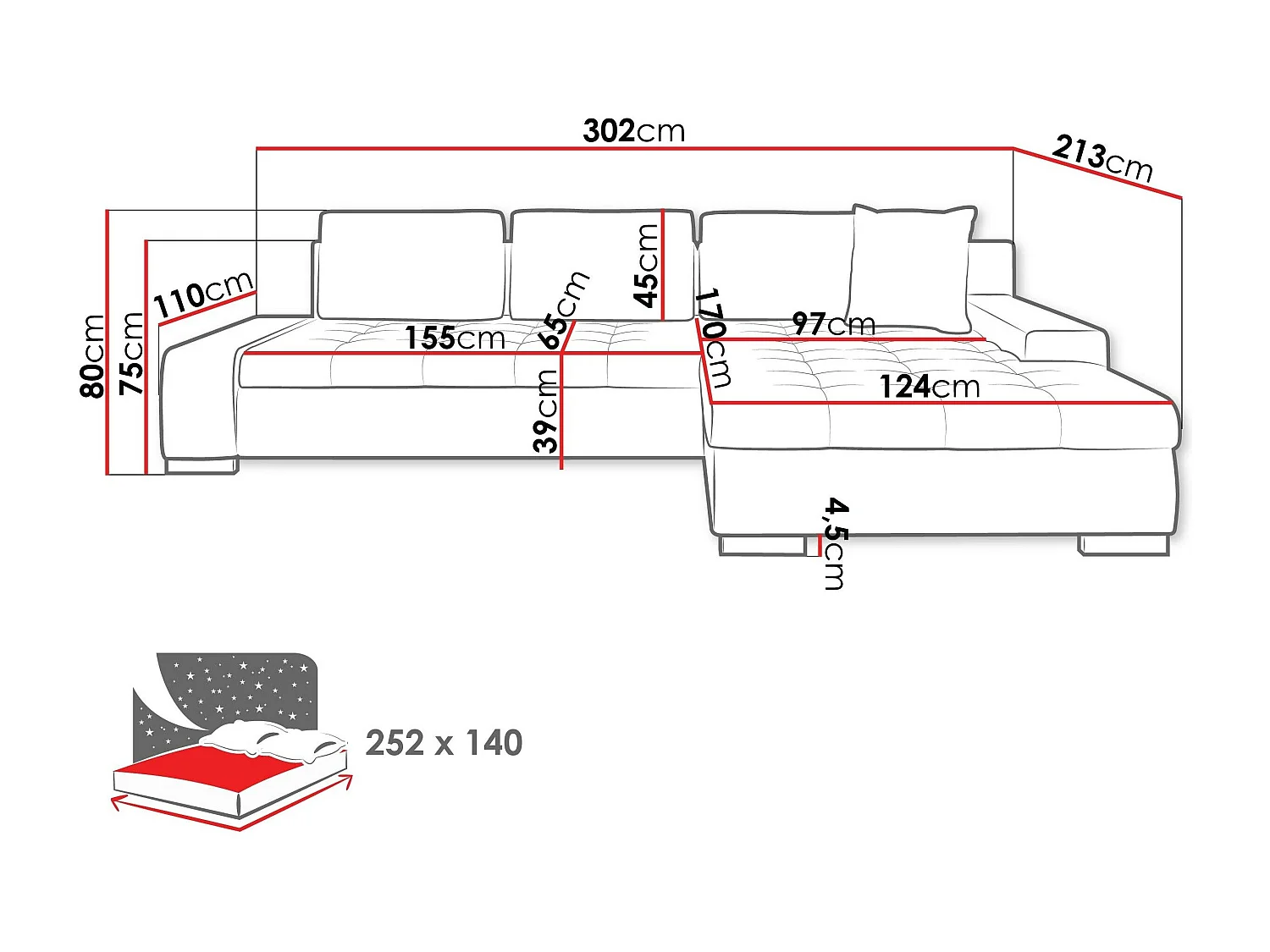 Canapé d'angle convertible 3 places en tissu gris