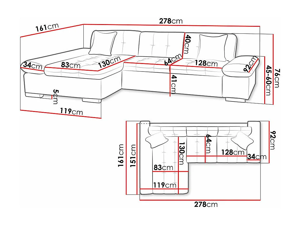 Sofá rinconero Comfivo 219, Gris, 278x161x76cm