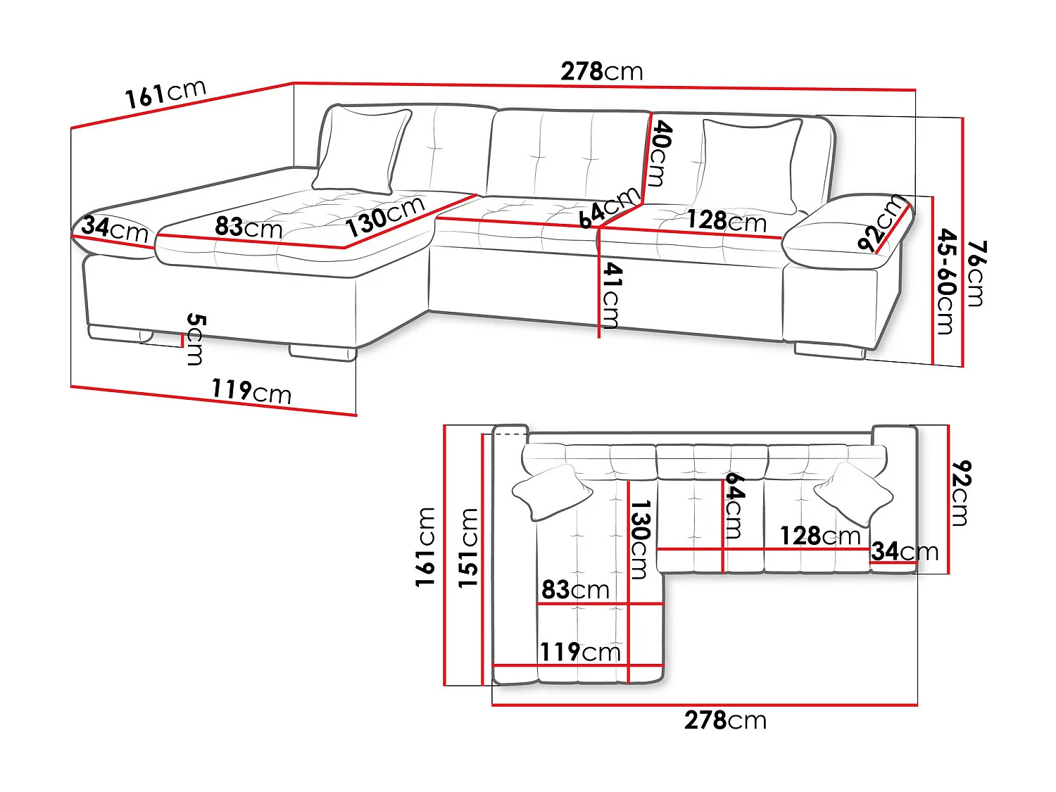 Canapé d'angle Comfivo Serenitas, Gris, 278x161x76cm