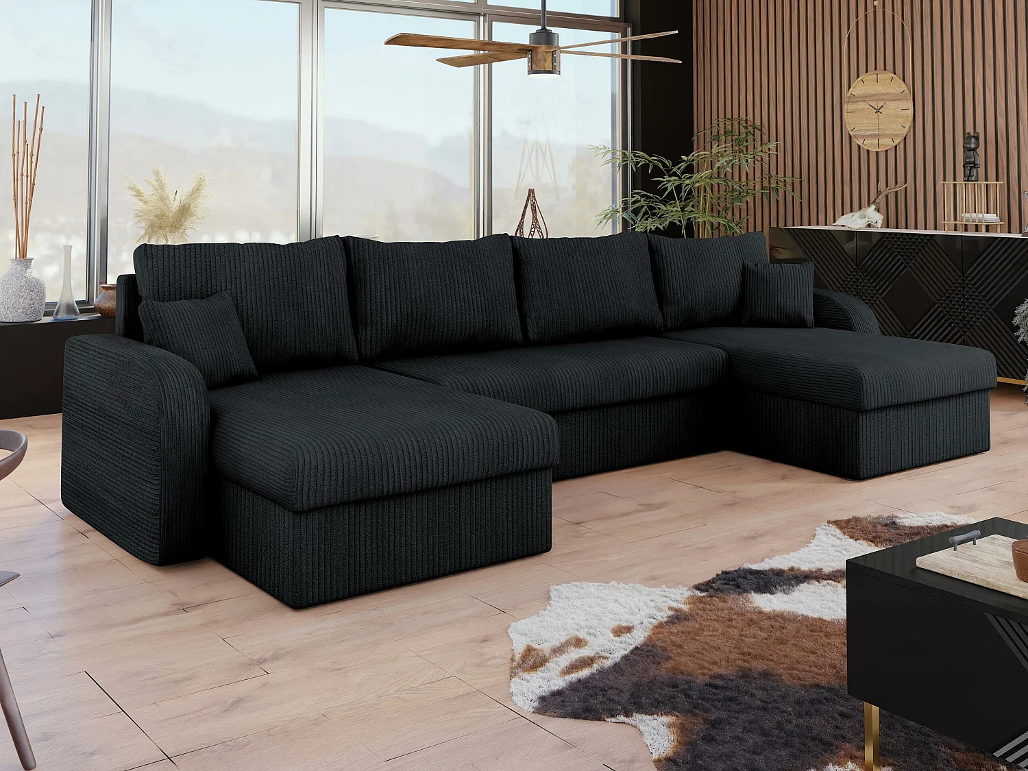 Canapé d'angle Comfivo Melissa II, Noir, Disponible, 304x140x80cm