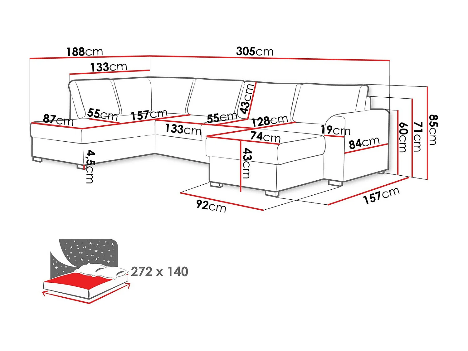 Canapé d'angle Comfivo 189, Blanc, Fonction de couchage, Boîte de literie, 305x188x85cm