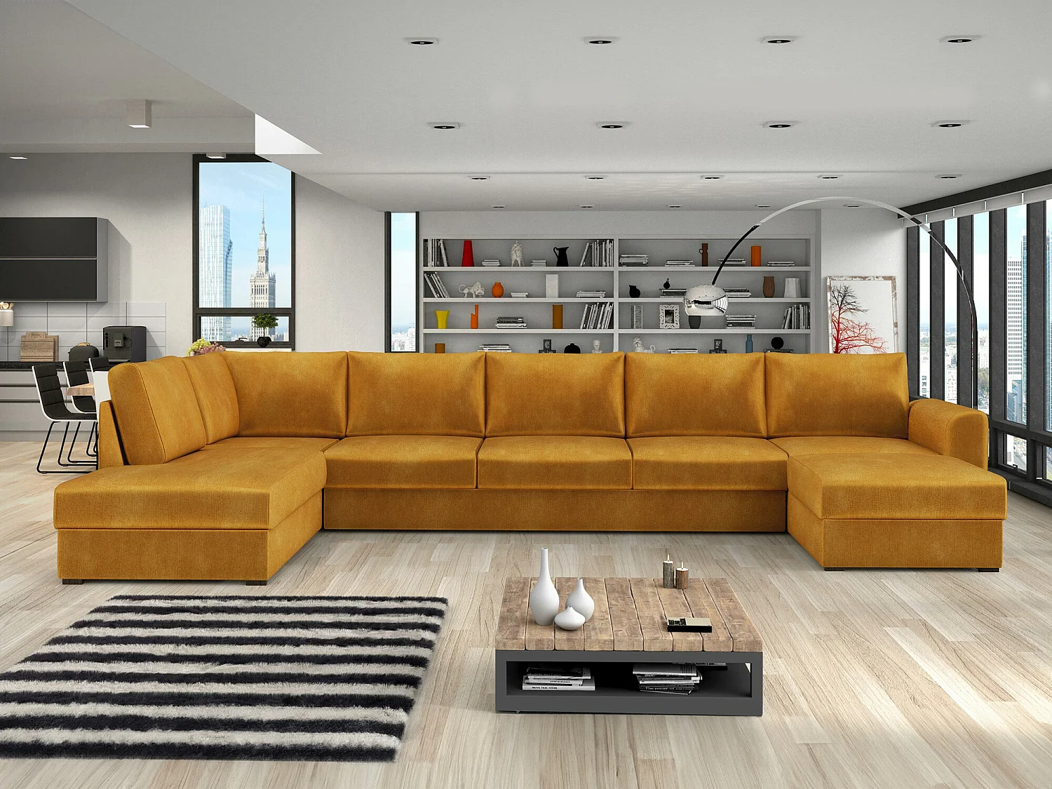 Sofá rinconero Comfivo Flumen I, Amarillo, Función de descanso, Almacenaje, 370x186x85cm