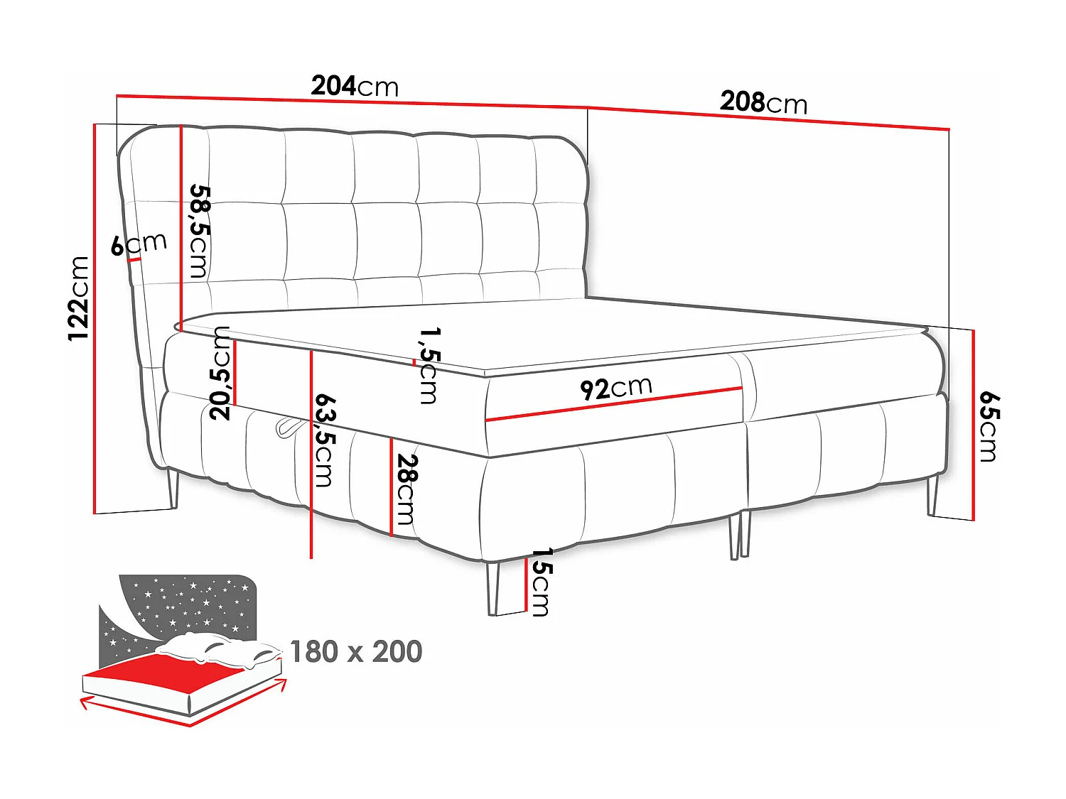 Cama continental Baltimore 195, Casal, Castanho, Tecido, 20x21x12cm