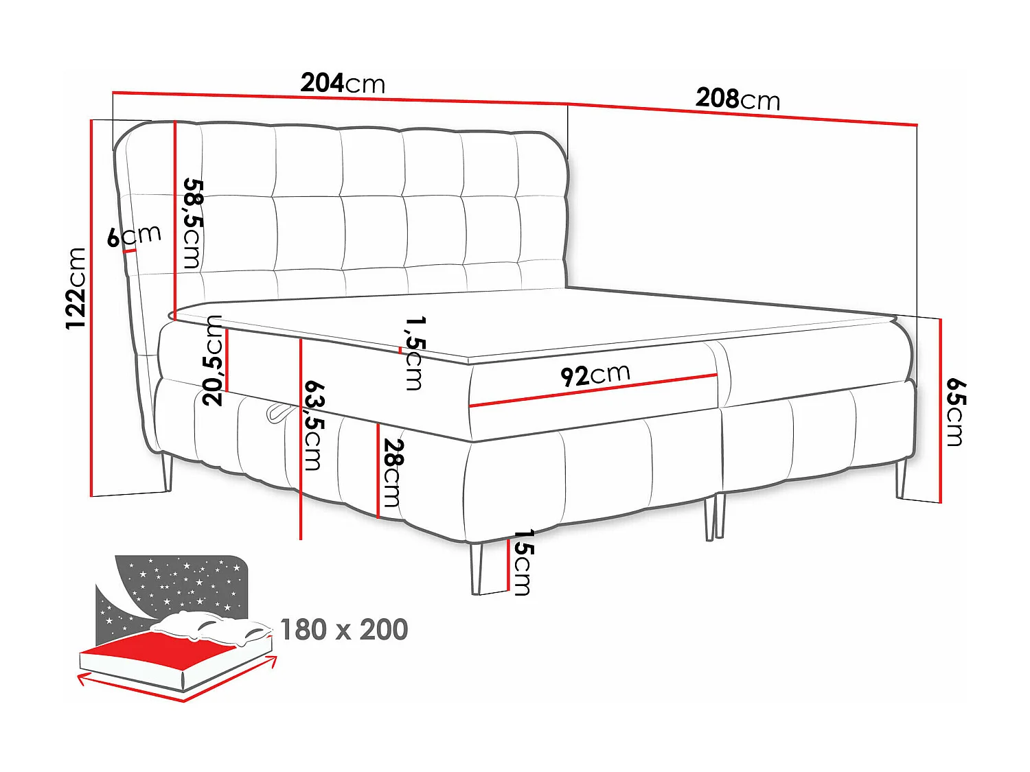 Cama continental Baltimore 195, Continental, Cinzento, Tecido