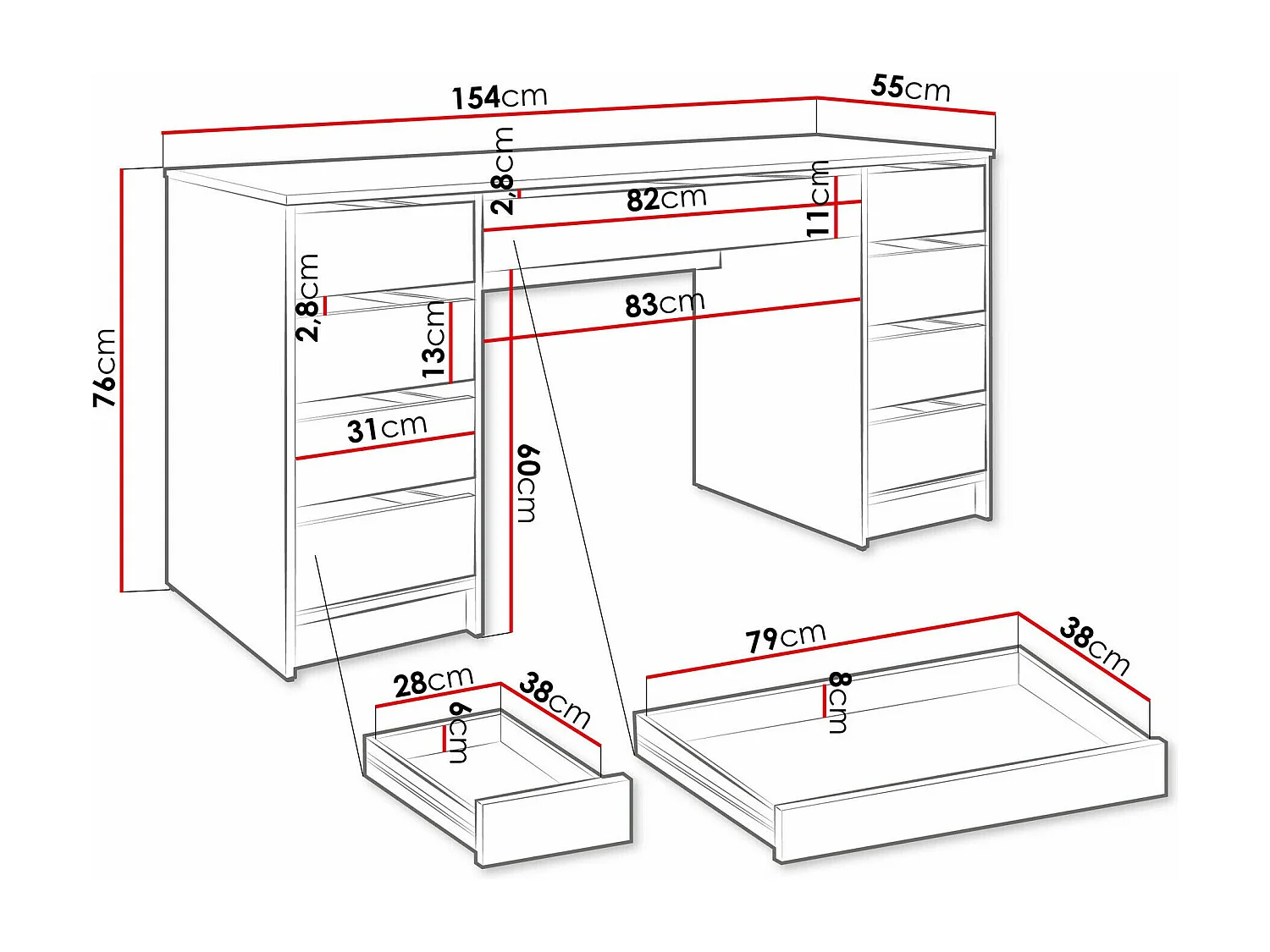 Mesa de oficina Comfivo 401, Con cajones, 76x154x55cm, Negro